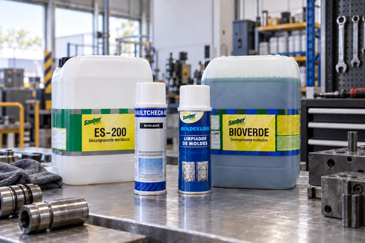 Selección de envases del catálogo SmartP sobre una mesa de trabajo industrial